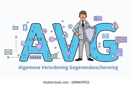 General Data Protection Regulation in Netherlands. Man with a shield in front of big AVG letters among internet and social media symbols. GDPR, DSGVO, AVG, DPO. Flat vector illustration. Horizontal.