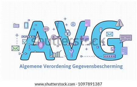 General Data Protection Regulation in Netherlands. Algemene verordening gegevensbescherming. Big AVG letters among internet and media symbols. GDPR, AVG, DSGVO. Flat vector illustration. Horizontal.