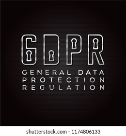 General Data Protection Regulation Silver Metallic Line Style Creative Concept Logo with Lock Keyhole Sign Design GDPR Lettering - Silver Elements on Black Striped Background - Vector Gradient Graphic