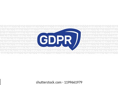 General Data Protection Regulation, vector banner, flat sticker, shield silhouette, binary code