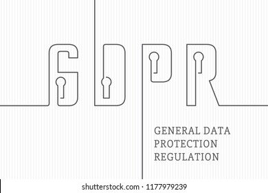 General Data Protection Regulation Wire Outline Style Creative Concept Logo with Lock Sign Design GDPR Lettering - Black Elements on White Striped Paper Background - Vector Flat Graphic