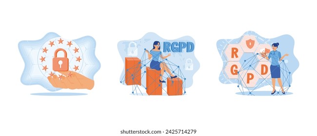 General data protection regulations. A woman in glasses is sitting and working with information. The General Data Protection Regulation or GDPR Concept. Set flat vector illustration.