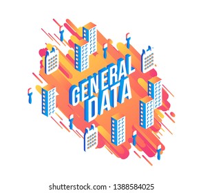 General data text design with volumetric sign and business elements in isometric projection on gradient orange stripes isolated on white background in vector illustration.