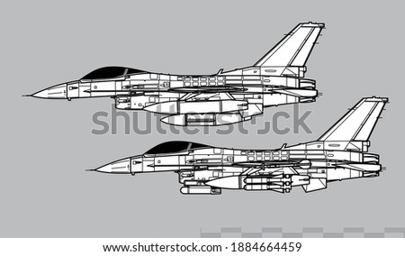 General Dynamics F-16 Fighting Falcon. Vector drawing of multirole tactical fighter. Side view. Image for illustration and infographics. 