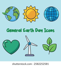 General Earth Day Icons .A set of six flat Earth Day icons  illustration.