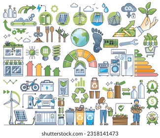 Elementos ecológicos generales con un conjunto de esquemas ecológicos sostenibles. Grupo de artículos con gestión de desechos, consumo eficaz de recursos e ilustración de vectores de energía de naturaleza alternativa.