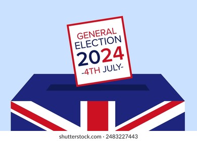 General election UK 2024, July 4th. Vote box with flag, voting paper going into box. Vector illustration