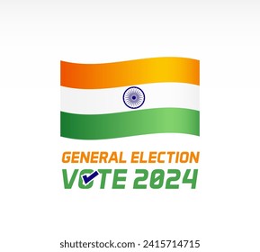 General Election Vote 2024. Vector text in the colors of the Indian flag – blue, white, orange and green – with a checkmark in the 'O' of 'Vote.' This design symbolizes India's general election in 202