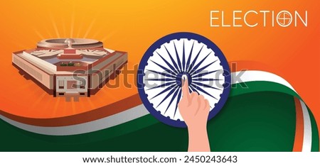 General Elections 2024 in India hand with blue mark in finger with Indian new parliament vector poster