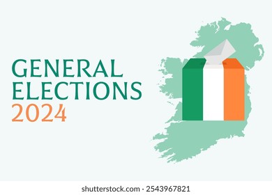 Elecciones generales 2024 Irlanda. Casilla de votación con bandera, mapa del país, texto y papeleta entrando en la casilla de votación. Concepto electoral.