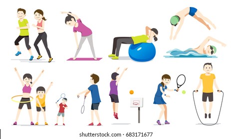 General exercise. People exercise character cartoon vector. Good family relationship.