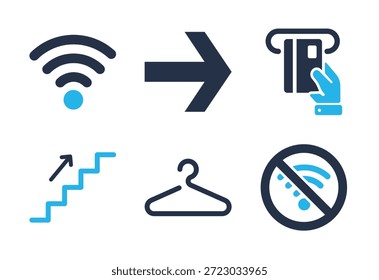 Instalaciones generales y conjunto de iconos de navegación. Iconos de la serie de glifos sólidos