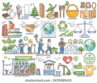 General fair trade elements with ethical supply chain outline collection set. Labeled product from sustainable and honest plantation with responsible farmers vector illustration. Justice and equality