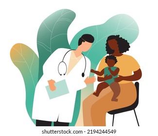 General Family Doctor Appointment, Flat Vector Stock Illustration With African Parent And Child Consulting A Doctor