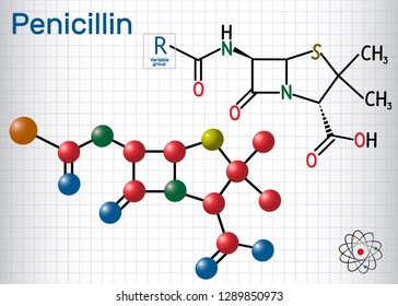 General formula of penicillin (PCN) molecule. It is a group of antibiotics. Sheet of paper in a cage. Structural chemical formula and molecule model. Vector illustration