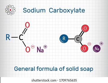 General formula of solid soap molecule. Sodium carboxylate, RCOONa. It is the sodium salt of fatty acid. Molecule model. Sheet of paper in a cage.Vector illustration

