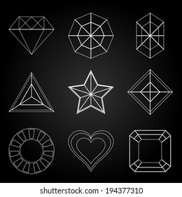 General gem shape icons on dark background, stock vector
