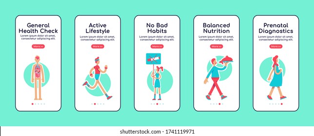 General health care onboarding mobile app screen flat vector template. Avoid bad habit. Walkthrough website steps with isolated characters on white. UX, UI, GUI smartphone cartoon interface