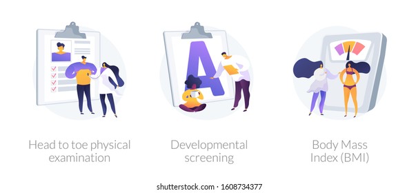 General health check up icons cartoon set. Head to toe physical examination, developmental screening, Body Mass Index BMI metaphors. Vector isolated concept metaphor illustrations.