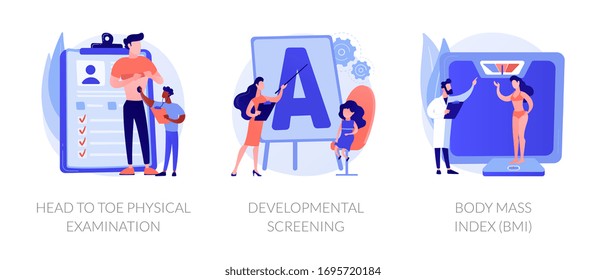 Conjunto de dibujos animados para la comprobación general del estado. Exámenes físicos de punta a punta, exámenes de desarrollo, metáforas del índice de masa corporal de IMC. Ilustraciones de metáforas conceptuales aisladas por vectores.