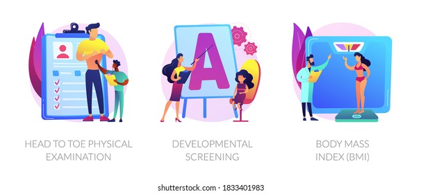 General health check up icons cartoon set. Head to toe physical examination, developmental screening, Body Mass Index BMI metaphors. Vector isolated concept metaphor illustrations.