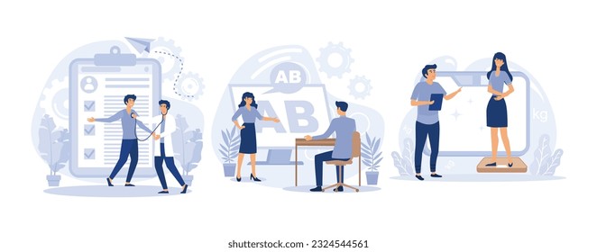 General health check up, Head to toe physical examination, developmental screening, Body Mass Index BMI metaphors. set flat vector modern illustration