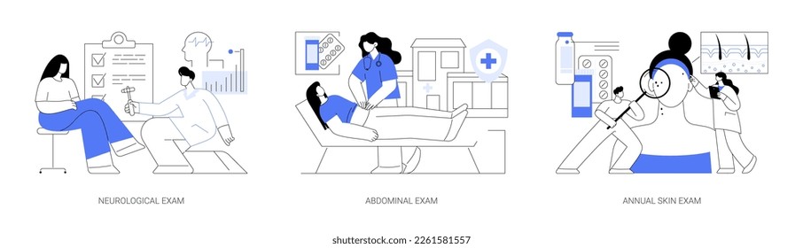 General health check-up abstract concept vector illustration set. Neurological and abdominal exams in hospital, annual skin check-up, primary care physician, illness diagnostic abstract metaphor.