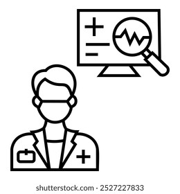 Perfil do profissional de saúde geral, usando uma máscara, com a pesquisa do monitor de dados para a ilustração do símbolo de vetor de design de ícone de saúde. Médico, enfermeiro, nerds.