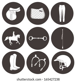 General horseback riding essentials icon set. Collection of vector icons with horse equipment. High quality equestrian illustration, including saddle, horse, boots, rider and other stuff.