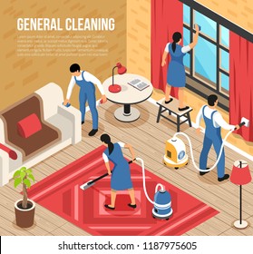 General house cleaning service isometric composition with professional team using industrial vacuum-cleaners quality squeegee vector illustration  