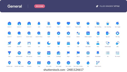 General icon set. Essential UI Icons Set in Filled Gradient  Style. The set consists of essential and commonly-used icons that every UI designer needs.