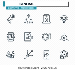 general icons set - agitation, classification, business incubator, 3d modeling, build time outline vector collection.