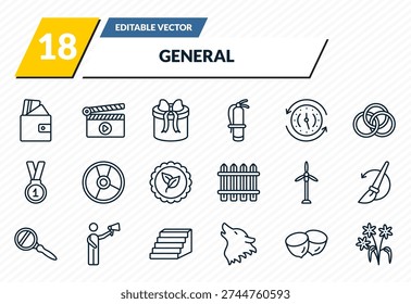 general icons set - card wallet, fragments, gift box with ribbon, nuts, daisy bouquet outline vector collection.
