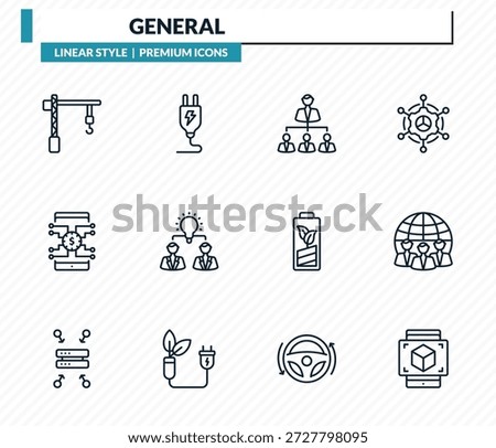 general icons set - construction crane, electric plug, hr planning, team, ar presentation outline vector collection.