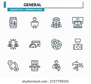 general icons set - hr software, coworking, group opinion, ar game, inauguration outline vector collection.