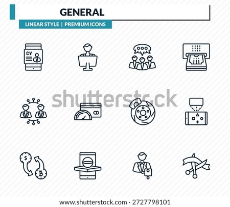 general icons set - hr software, coworking, group opinion, ar game, inauguration outline vector collection.