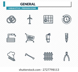 conjunto de ícones gerais - anéis interligados, rótulo de energia renovável, hob, dyupel, nippers esboçar coleção de vetor.