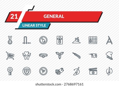 general icons set - number one medal, fretsaw, save water badge, fragments, brush history outline vector collection.