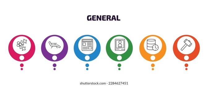 general infographic template with icons and 6 step or option. general icons such as mistletoe leaves, deckchair, news feed, yearbook, real time data, sledgehammer vector. can be used for banner,