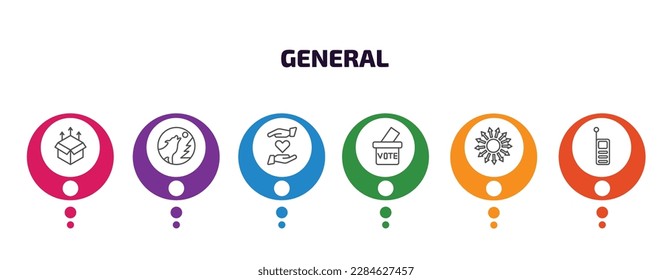 general infographic template with icons and 6 step or option. general icons such as product release, wolf howling, heart between hands, referendum, outsourcing, laser measurement vector. can be used