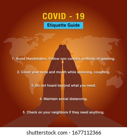 General information/guidelines/etiquette rules to follow, in the age of Coronavirus. Colorful, creative banner/poster/campaign/ad design, with Namaste sign/symbol.