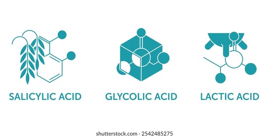 Ingredientes gerais, ácidos para pele e soro - glicólico, lático, salicílico. Ícones definidos para a rotulagem de produtos cosméticos anti-idade e antirrugas, para cuidados com a pele. Em estilo monocromático