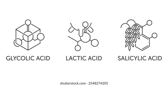 Ingredientes generales, ácidos para la piel y el suero - glicólico, láctico, salicílico. Conjunto de iconos para el etiquetado de cosméticos, productos antienvejecimiento y antiarrugas, para el cuidado de la piel. En esquema