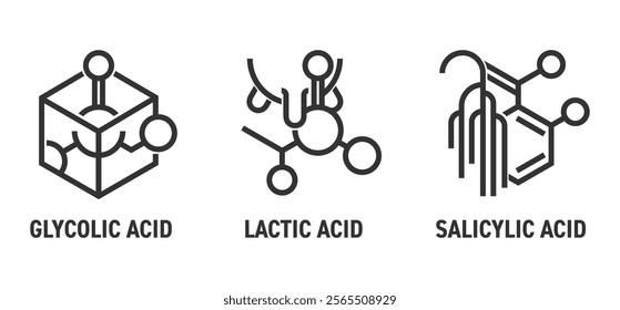 General ingredients, acids for skin peel and serum - Glycolic, Lactic, Salicylic. Bold line cons set for labeling of cosmetics anti-age and anti-wrinkle products, for skincare 