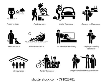General Insurance Protection. Stick Figures Depicts General Insurance For Property Loss, Fire, Motor, Commercial, Pet, Marine, TV, Employer Liability, Reinsurance, Renter, And Professional Indemnity. 