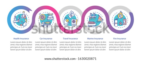 General insurance vector infographic template.\
Property coverage presentation design elements. Data visualization\
with 5 steps. Process timeline chart. Workflow layout with linear\
icons