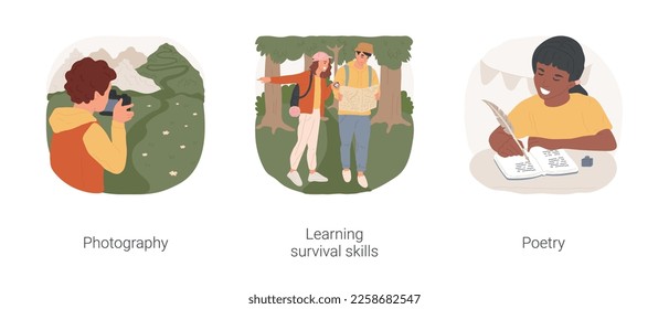 General interest isolated cartoon vector illustration set. Photography hobby, young photographer taking picture, learn survival skill, navigate in nature, writing creative poetry vector cartoon.