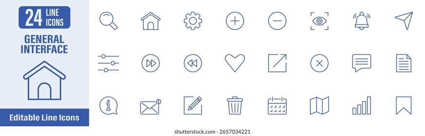 Conjunto de iconos de interfaz general. Contiene iconos como interfaz de usuario, búsqueda, configuración, inicio, mensaje, notificación, Borrar y más. Ilustración vectorial.
