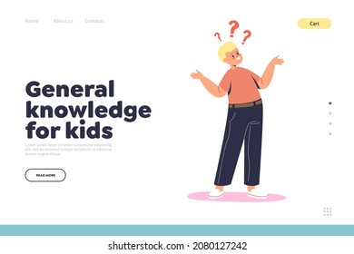 Allgemeines Wissen für Kinder Konzept der Landung Seite mit neugierigen Jungen Fragen stellen. Kleines Vorschulkind mit Fragezeichen interessiert sich für die Welt. Cartoon-Flavektor-Vektorgrafik