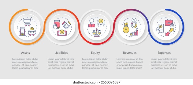 Sequência de círculos de informações de categorias de documento da contabilidade. Obrigações, responsabilidades. Layout de visualização com 5 etapas. Apresentação do processo de loop do gráfico de informações. Fonte Myriad Pro- Regular usada